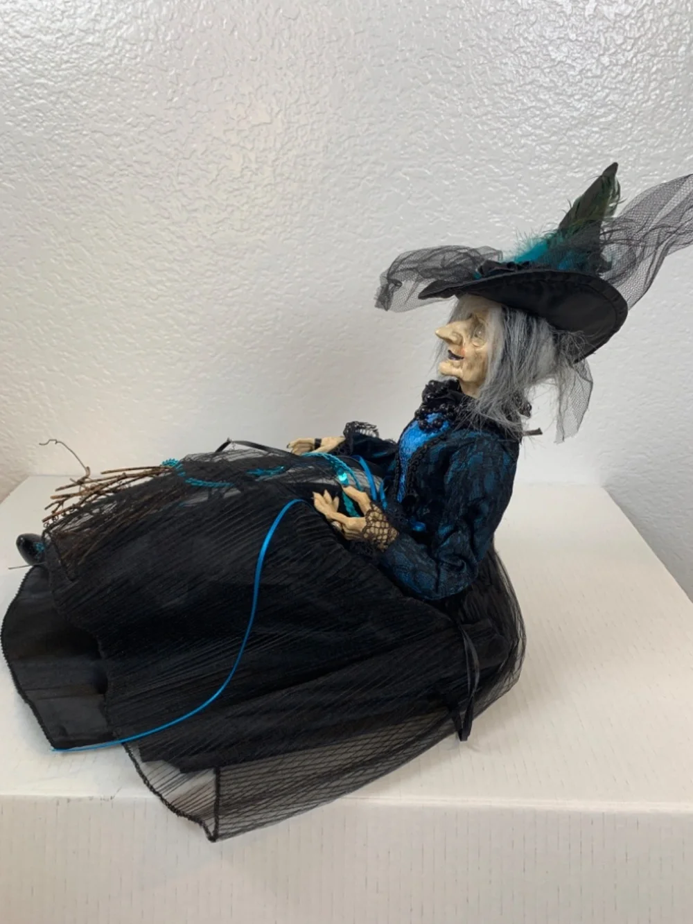 Spooky Old Witch With Broom Doll Shelf Sitter Blue Black Halloween Scary Decor